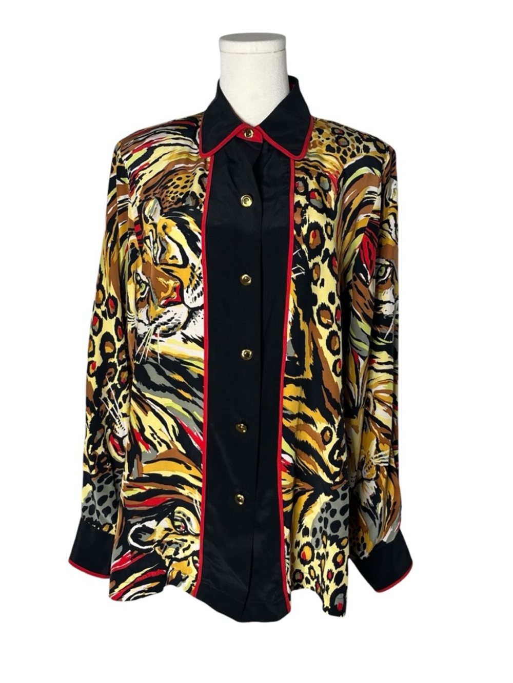 80s Vintage Bob Mackie Wearable Art 100% Silk Big Cats Novelty Print Button Down